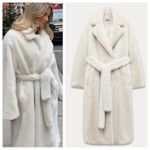 ZARA LONG FAUX FUR COAT WHITE LIMITED EDITION